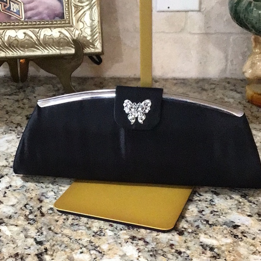 Vintage Tova Beverly Hills Elegant Black Clutch with Butterfly Silver Accents